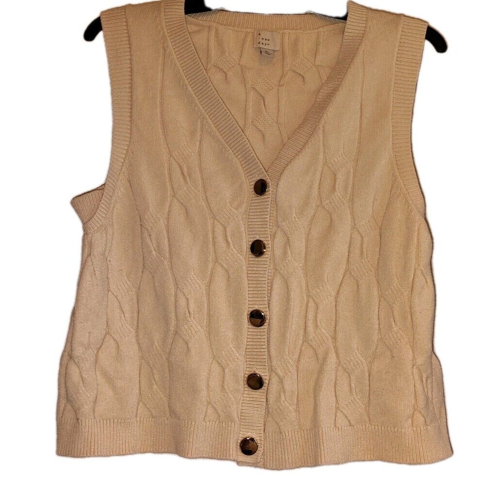 A New Day Cream Cable Knit Sweater Vest Cardigan Gold Button Front XL